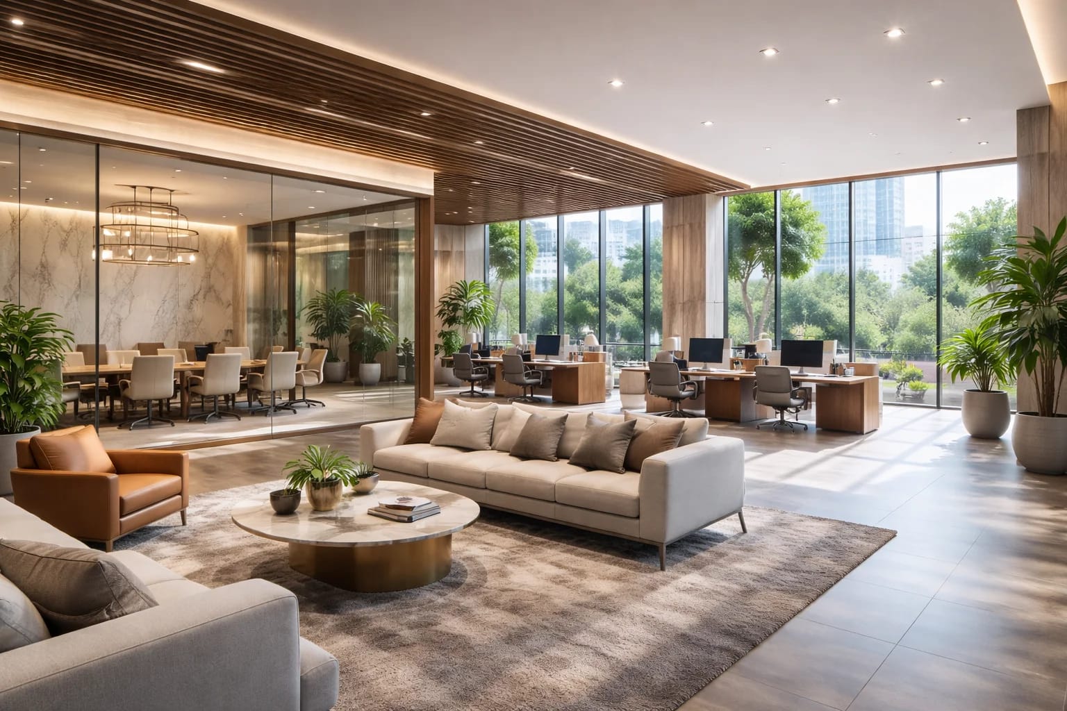 Modern office with luxe lounge and skyline view Modern Commercial Office Space for Sale in Business District | Prime Location